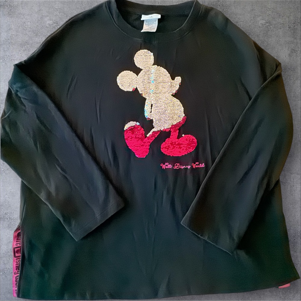 Disney Parks Mickey Mouse Reversible Sequin Sweatshirt M Black Logo Tape